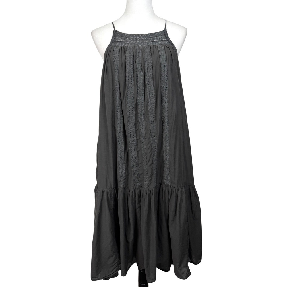 Lucky Brand Women's Cotton Midi Dress M‎ Grey Lace Inset Tassel Back Tiered Boho
